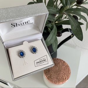 NWT Swarovski Elements Oval Blue Sapphire Crystal Stud Earrings